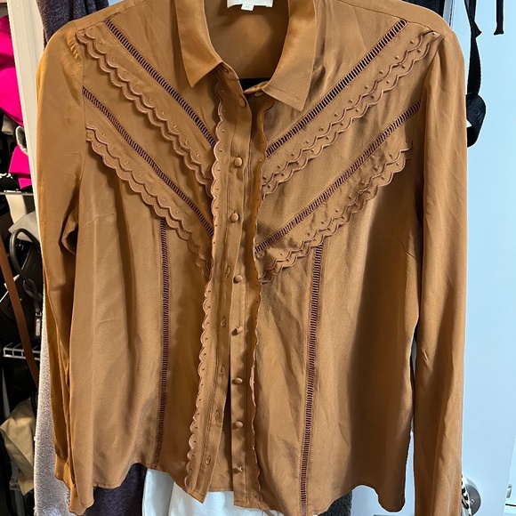 Sezane Tan Blouse with Scalloped Trim - Picture 1 of 10